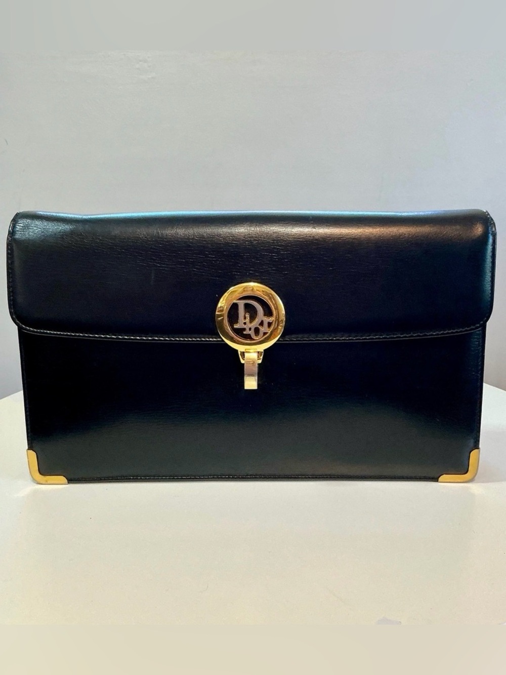 Christian Dior Rare Vintage Black Calfskin Leather Clutch with Goldstone Accents